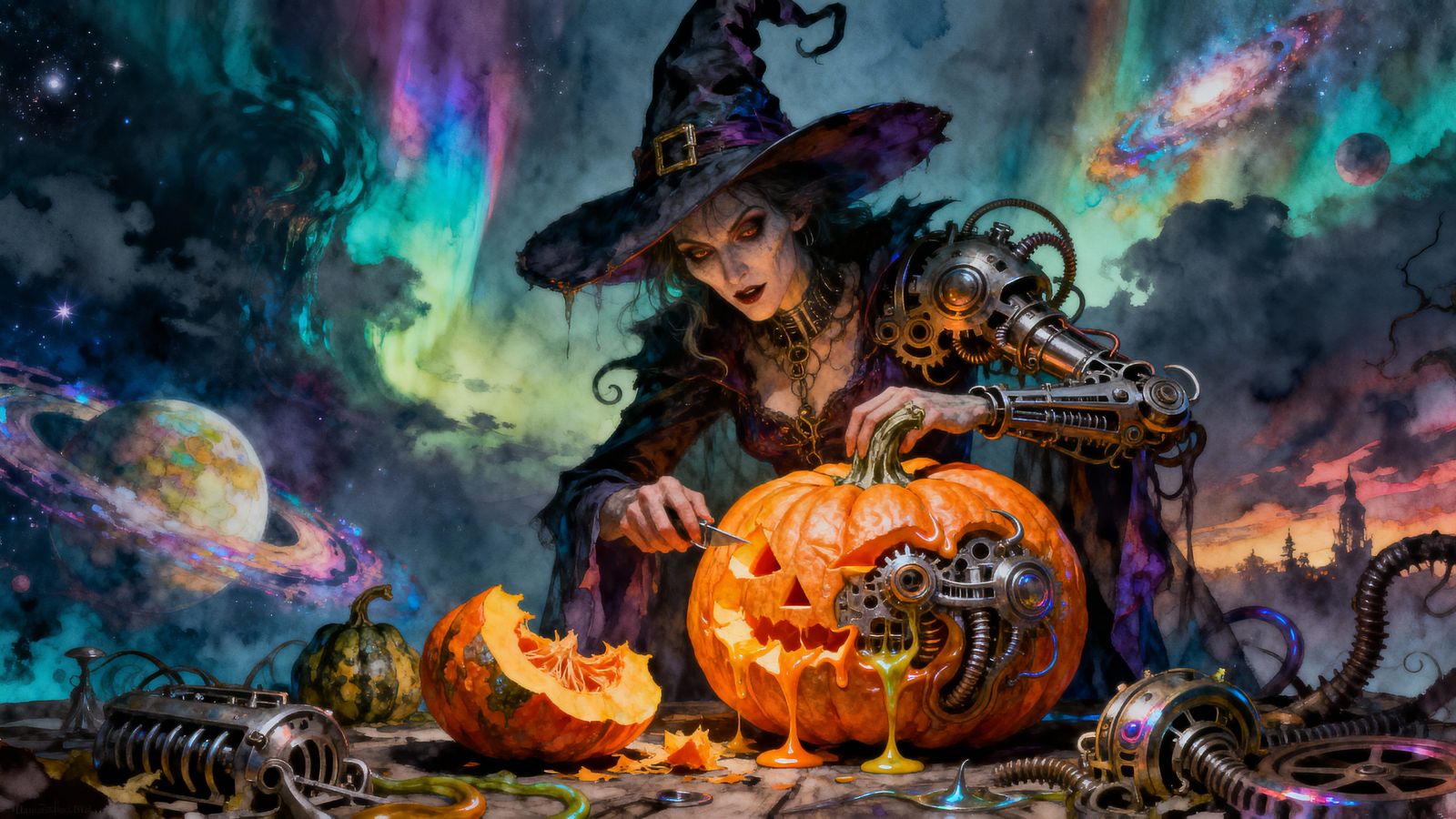 Wicked Witch Carving Pumpkins in Surreal Style