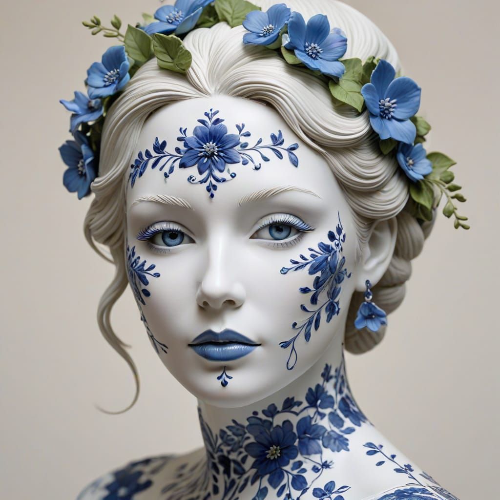 Delicate White Porcelain Lady with Intricate Blue Floral Pat...
