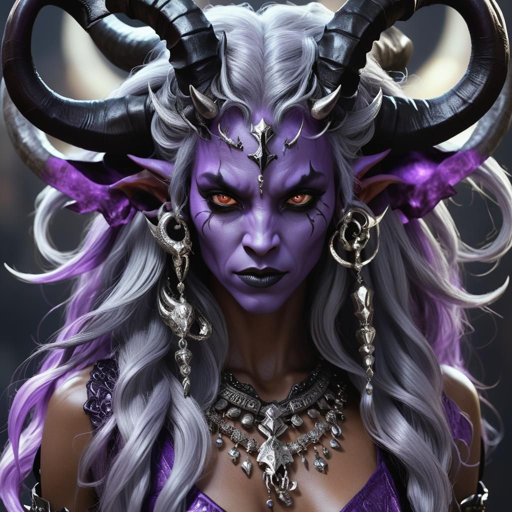 Purple Tiefling Woman Portrait in 3D Cinematic Style