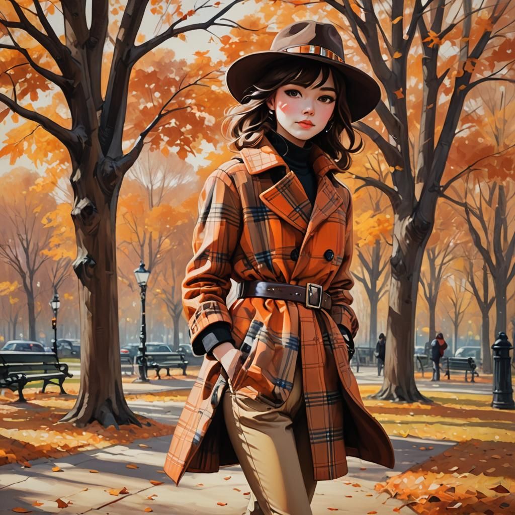 Autumn Brunette in Park: Digital Oil Painting