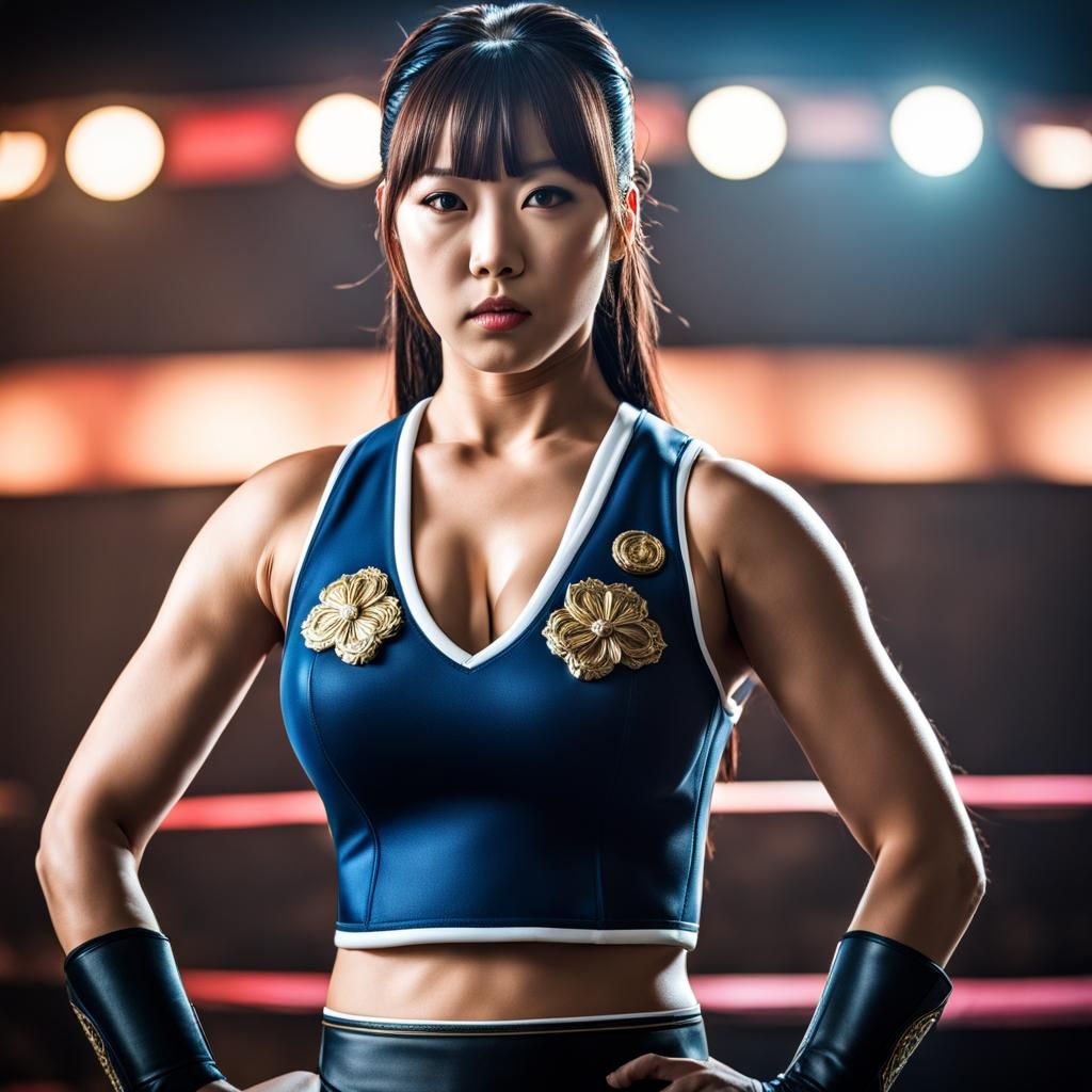 Pretty female pro-wrestler, Japanese school uniform, sleeveless