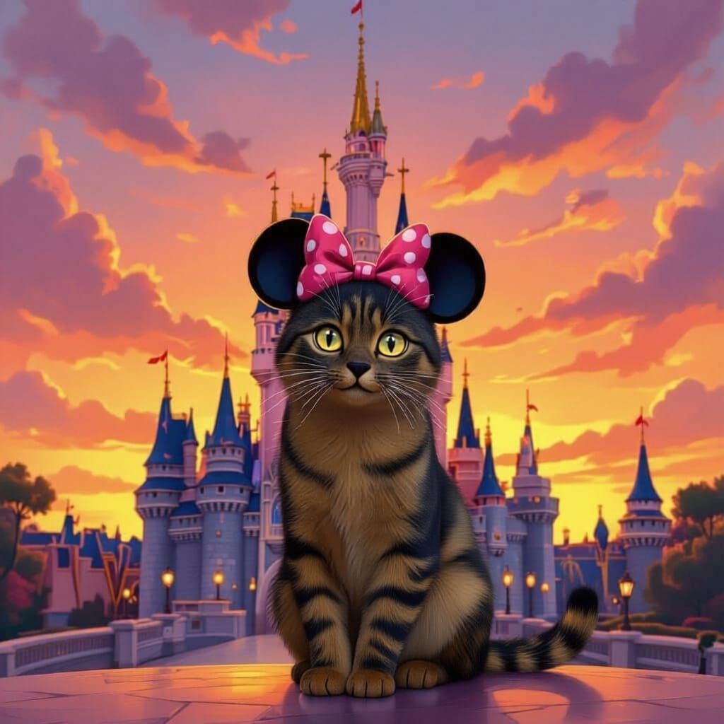 Tortie Cat Wearing Mickey Ears at Cinderella Castle