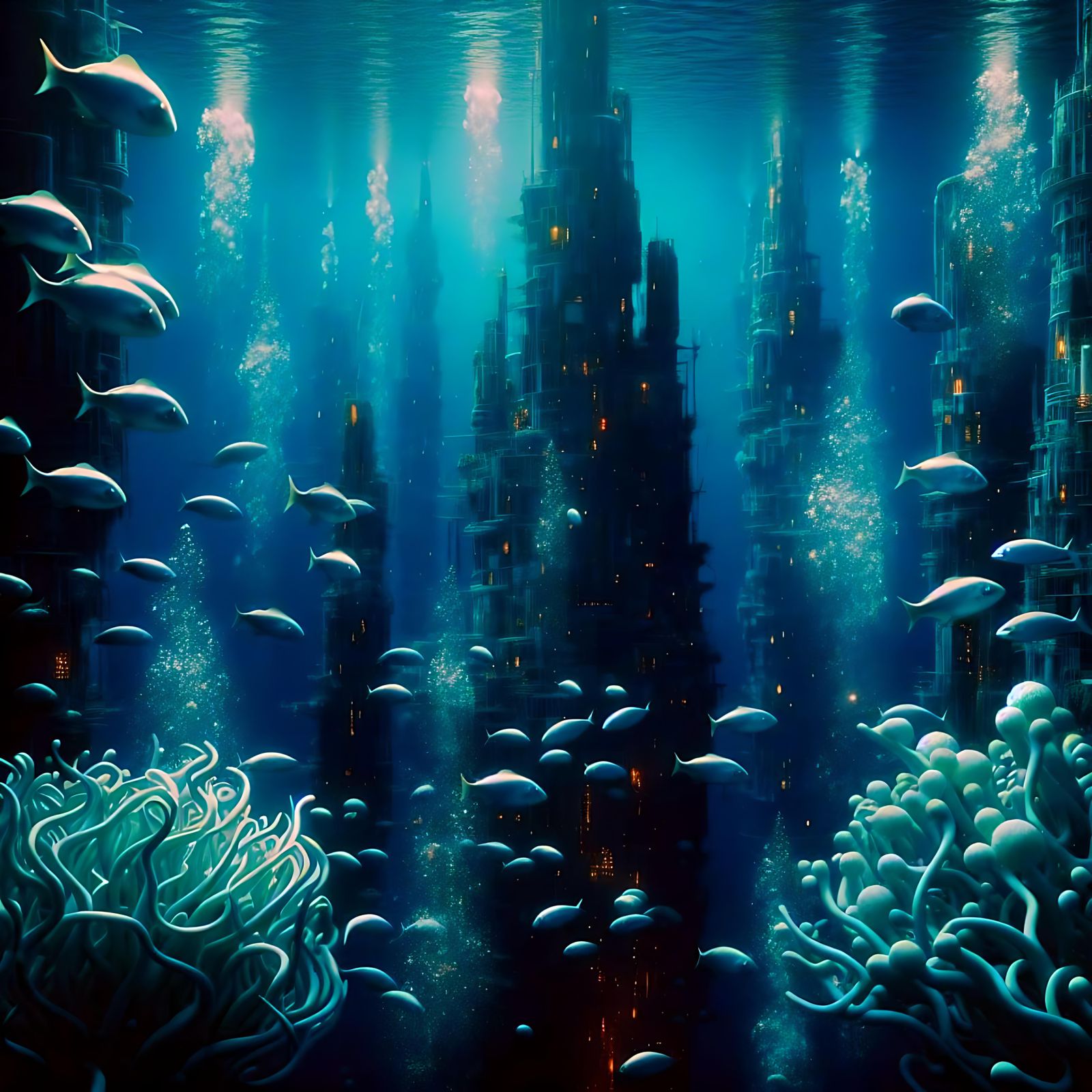 Eerie Surreal Underwater Coral Metropolis in Film Style