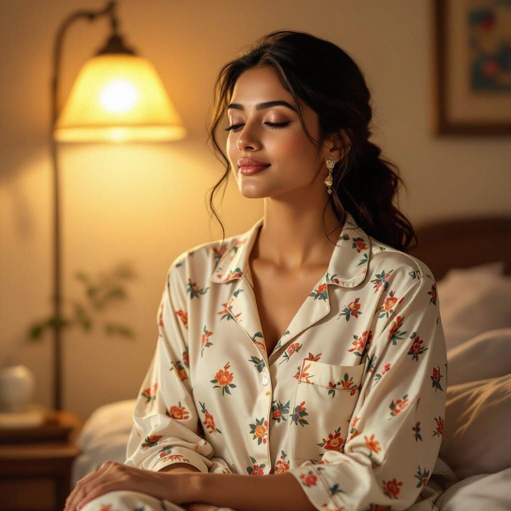 Indian Woman Relaxing in Night Suit Under Warm Light
