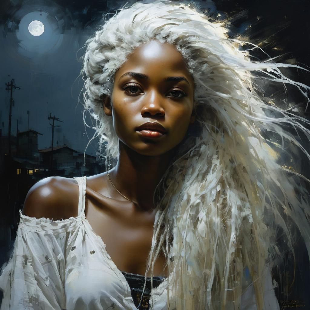 Beautiful African Woman in Moonlight, Detailed Fine Art