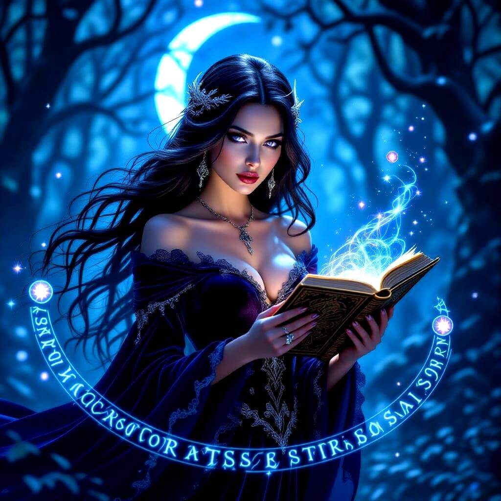 Enchanting Sorceress in Moonlit Forest: Gothic Fantasy