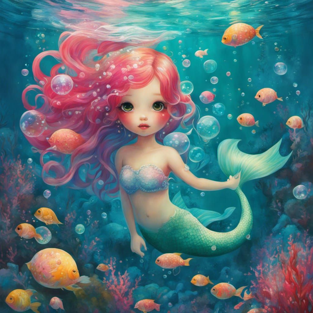 Underwater Mermaid with Bubbles in Surreal Style