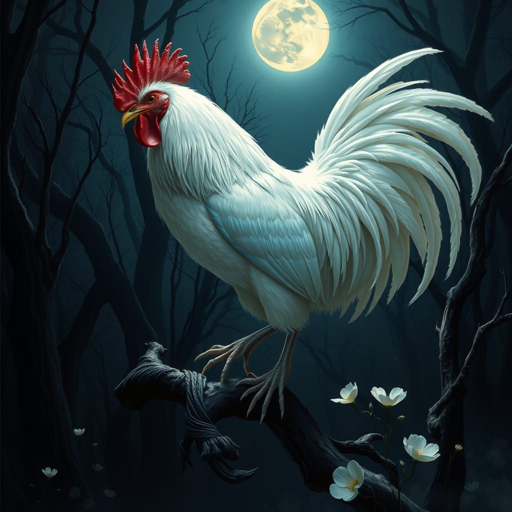 Ethereal Rooster Illuminated by Lunar Glow