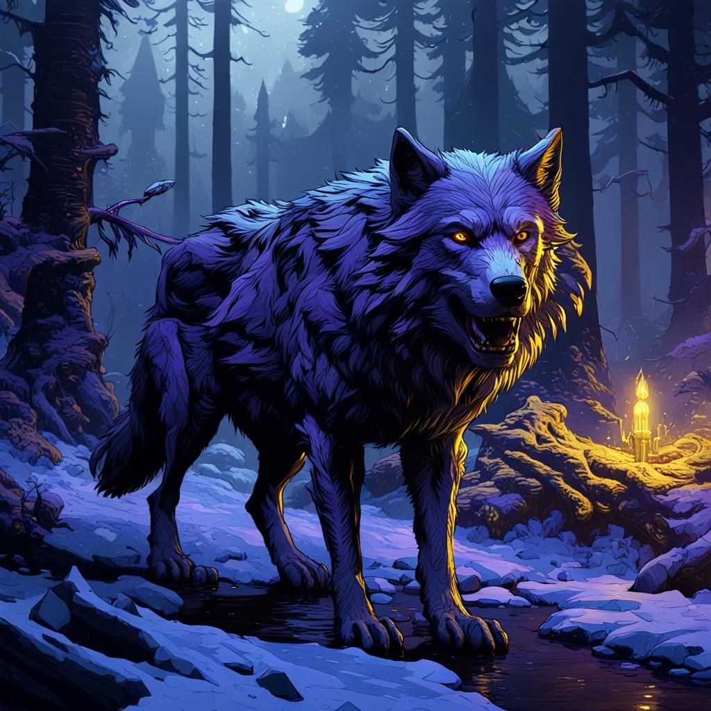 Amarok Wolf in Dark Wood, Fantasy Art