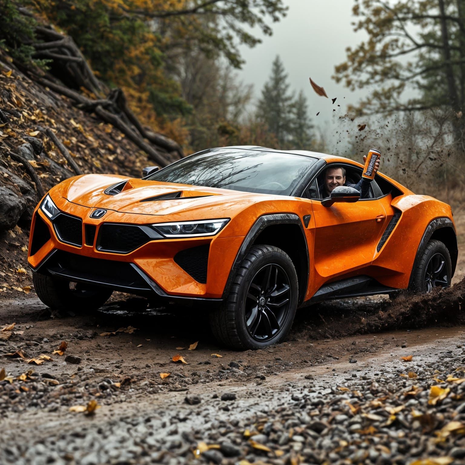 Futuristic 4x4 Sports Car Drifting on Mountain Road