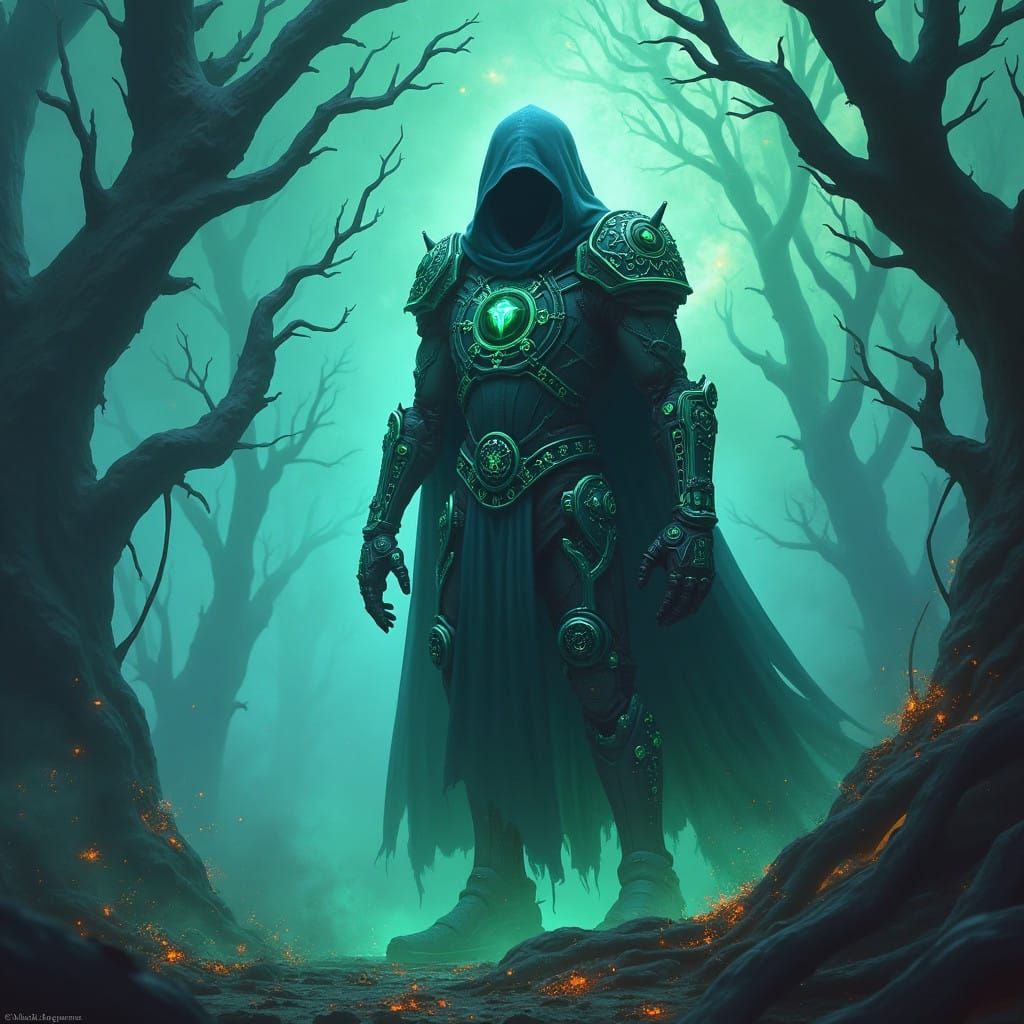 Cyberpunk Warforged Warlock in Ethereal Landscape
