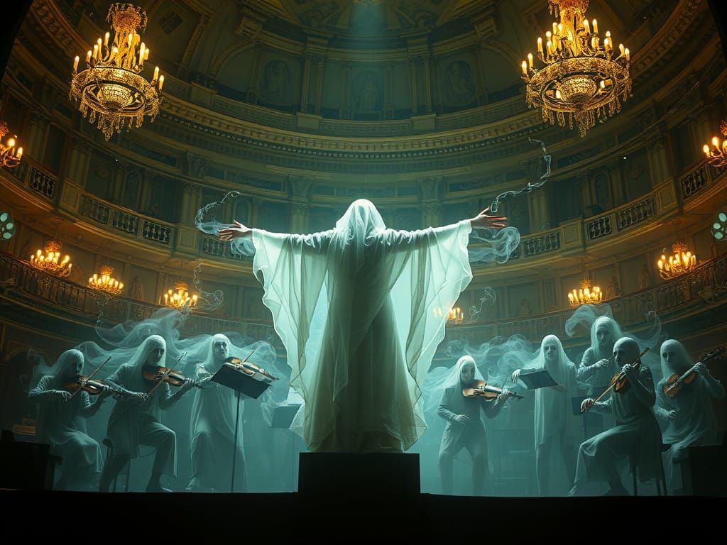 Ethereal Conductor in Haunting Dark Fantasy Landscape