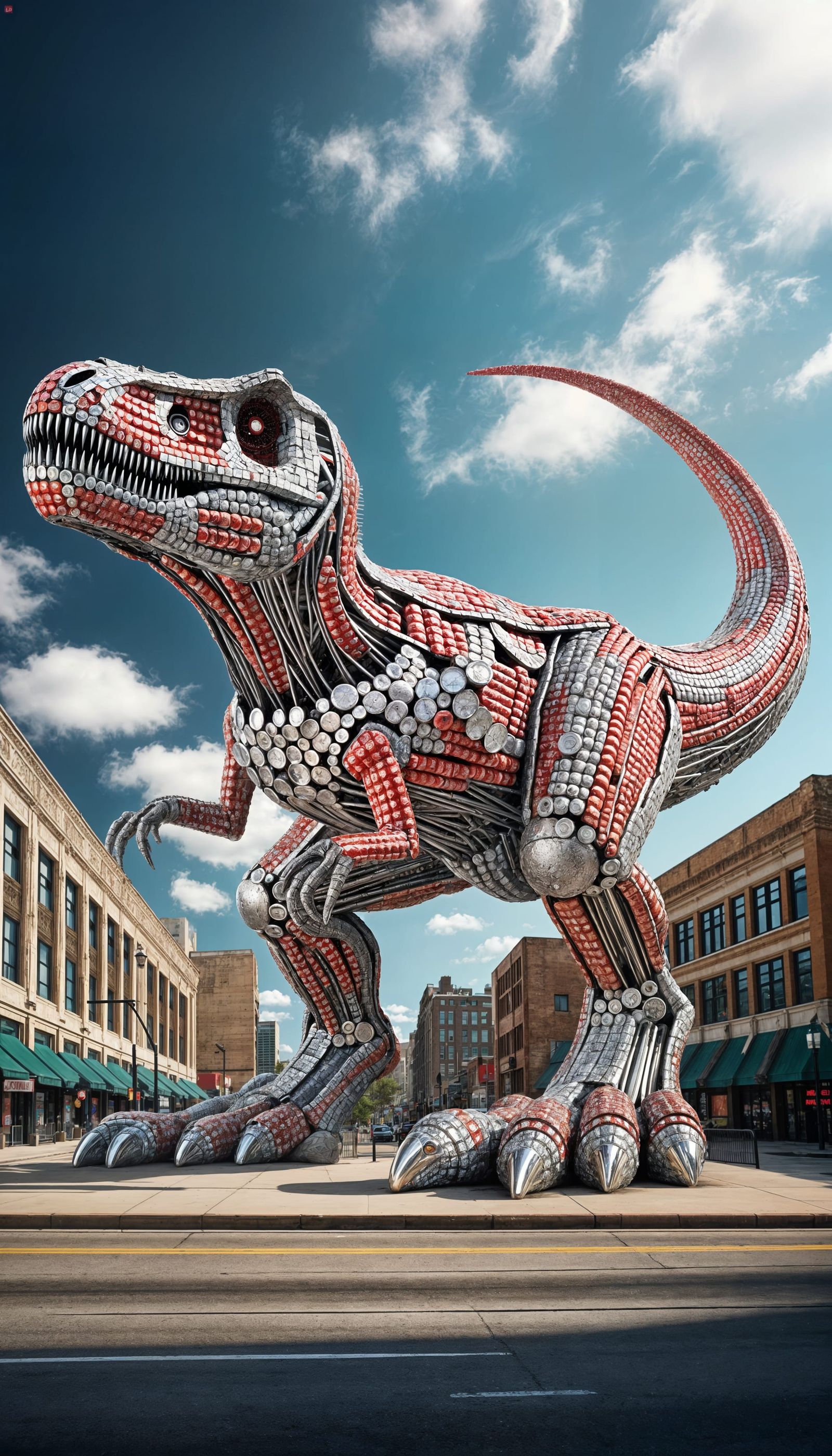 Mosaic Soda Can Dinosaur Dominates Urban Landscape
