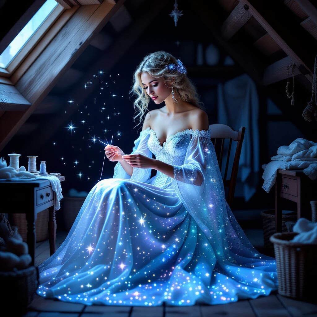 Starlight Seamstress Weaving Galaxies Into Gowns