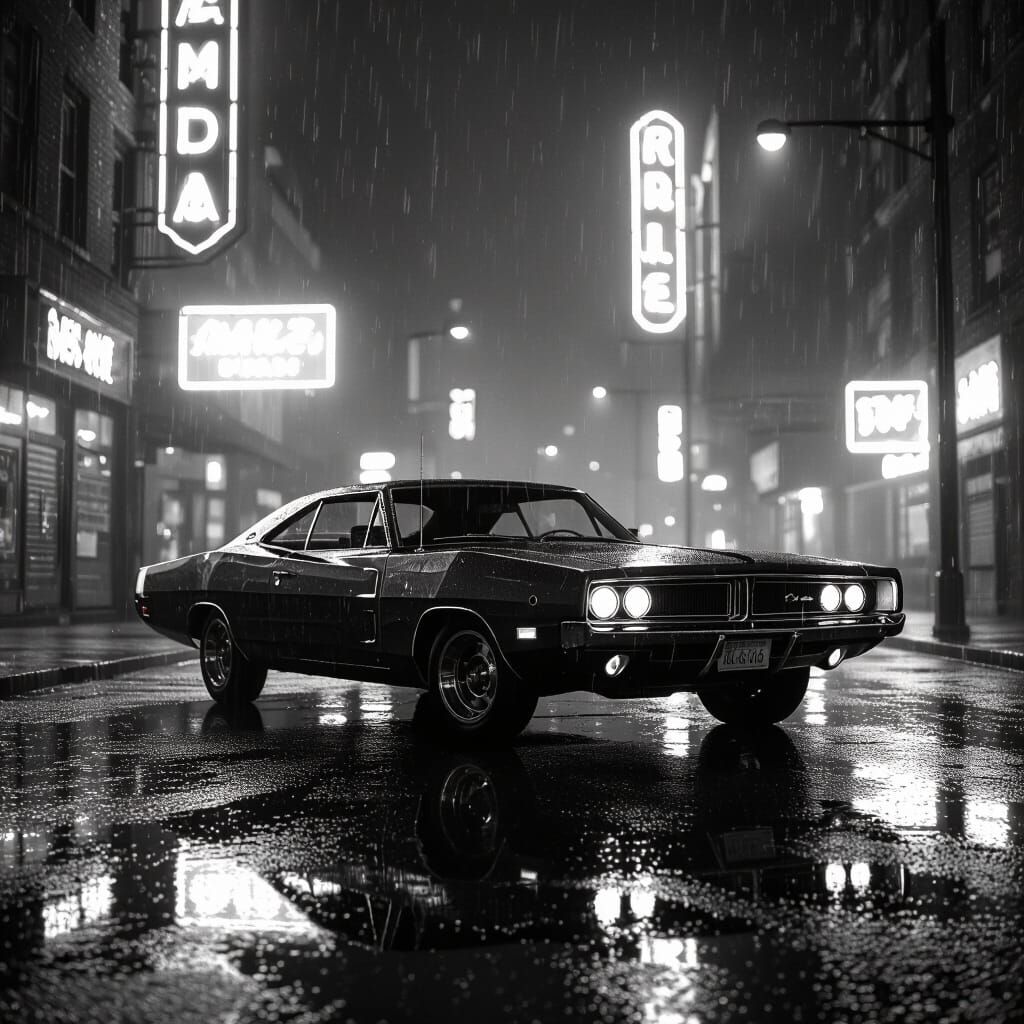 Vintage 1969 Dodge Charger on Wet City Street