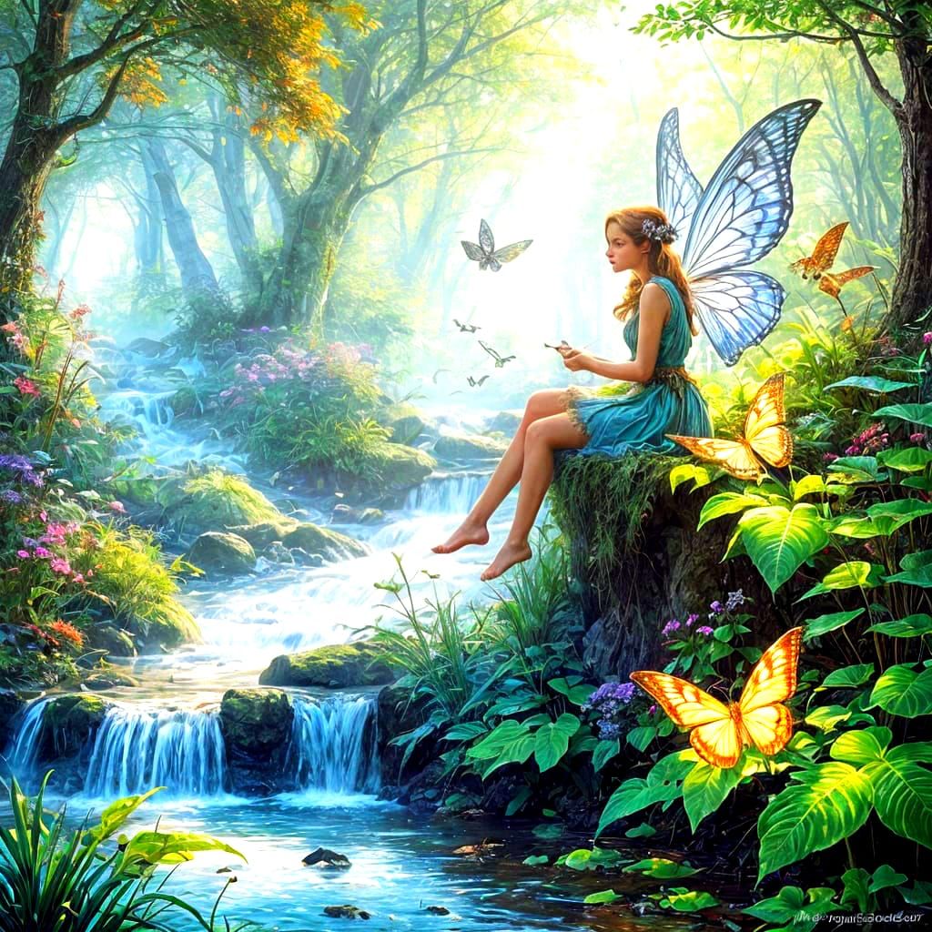 Ethereal Fairy Perched on a Leaf in a Misty Forest