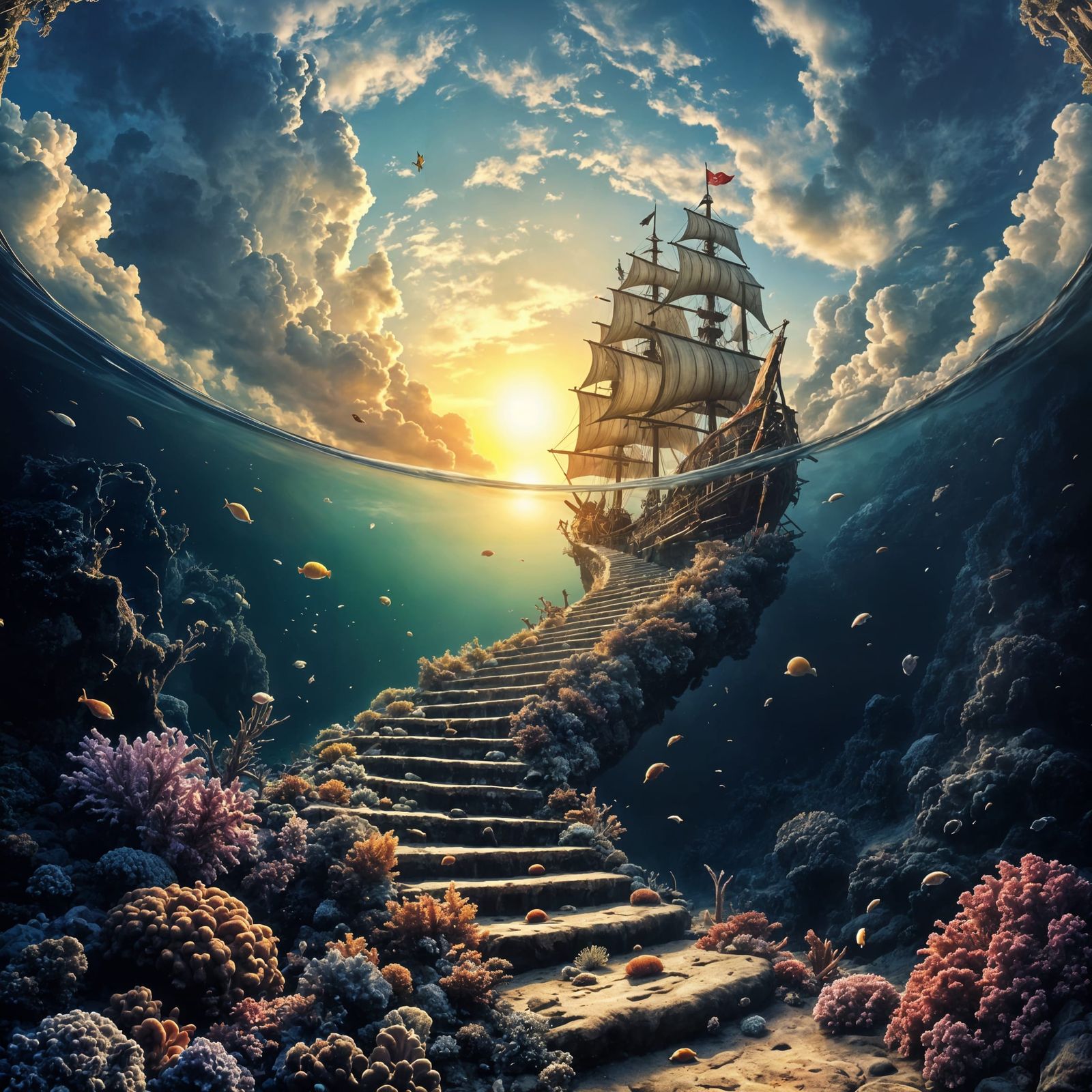 Surreal Stairway from Ocean Floor to Pirate Ship