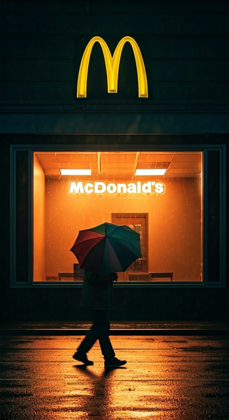 Cinematic McDonald's Storefront at Dusk with Neon Sign and R...