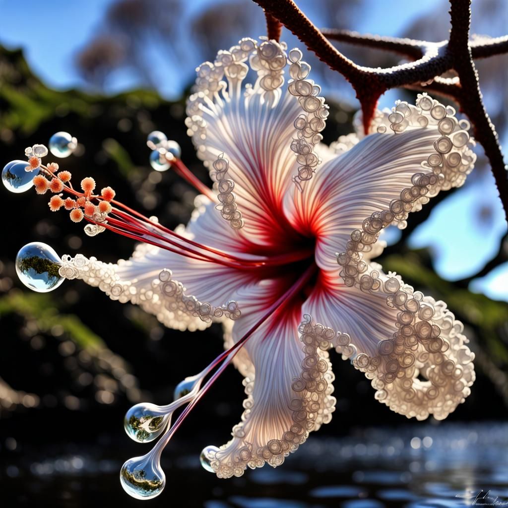 Macro Hibiscus with Bioluminescent Fractal Garden