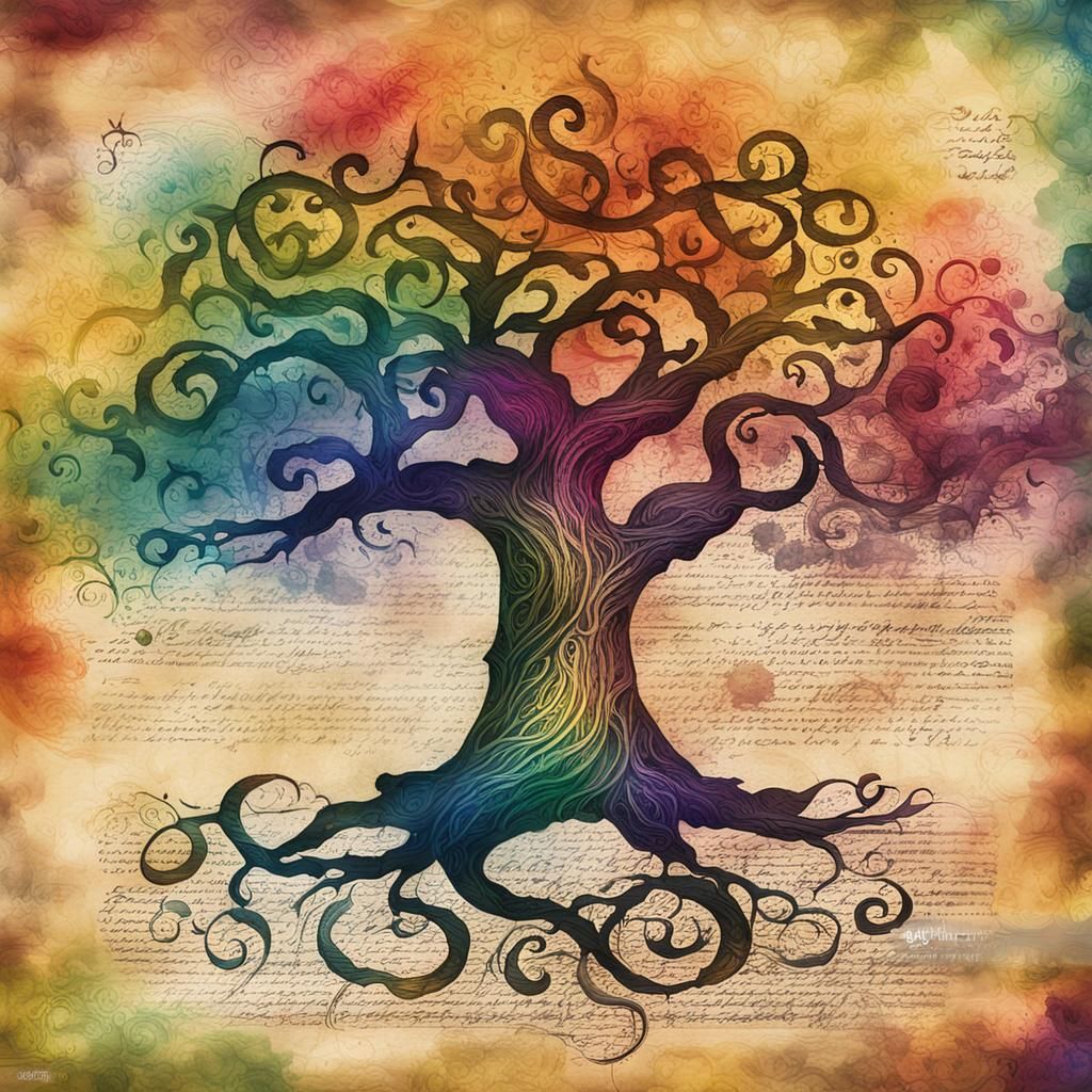 Rainbow Calligraphy Tree in Whimsical Ink Style