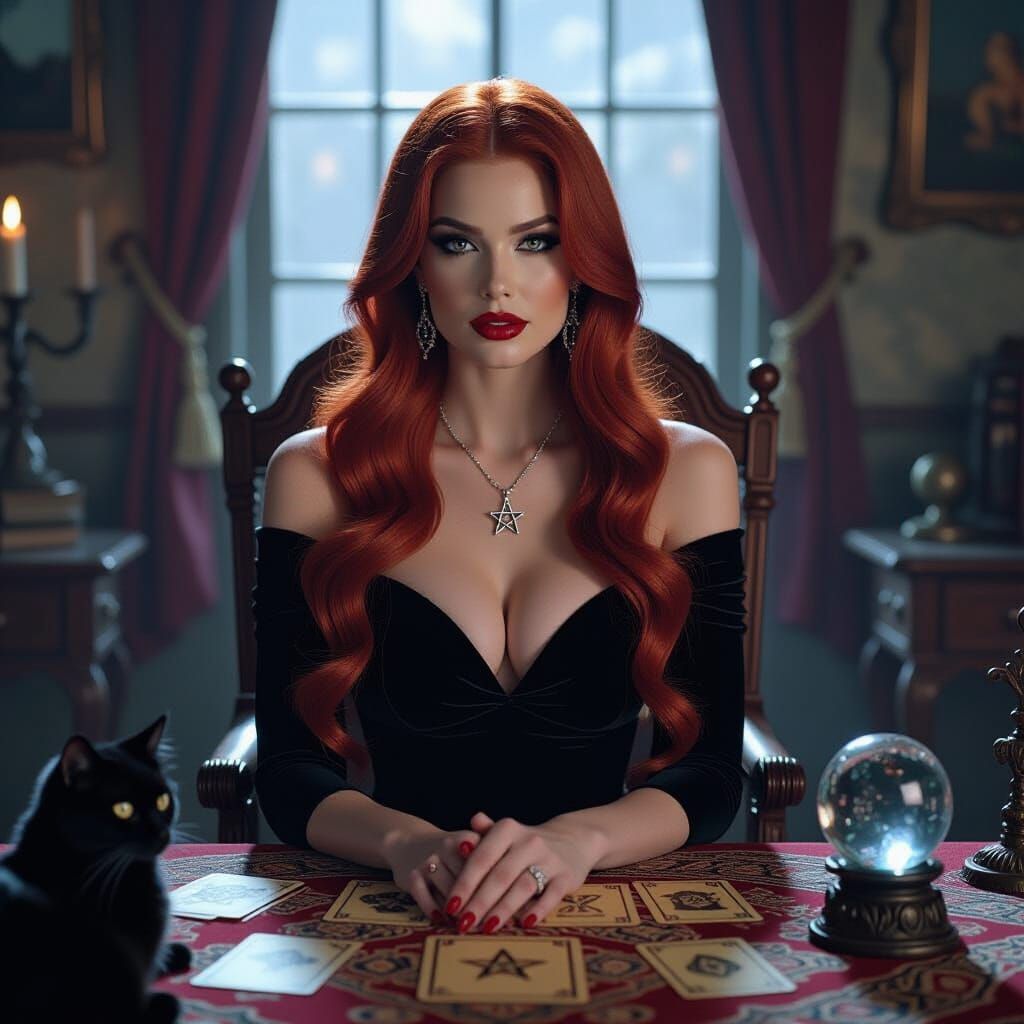 Goddess with Red Hair Surrounded by Mystical Objects