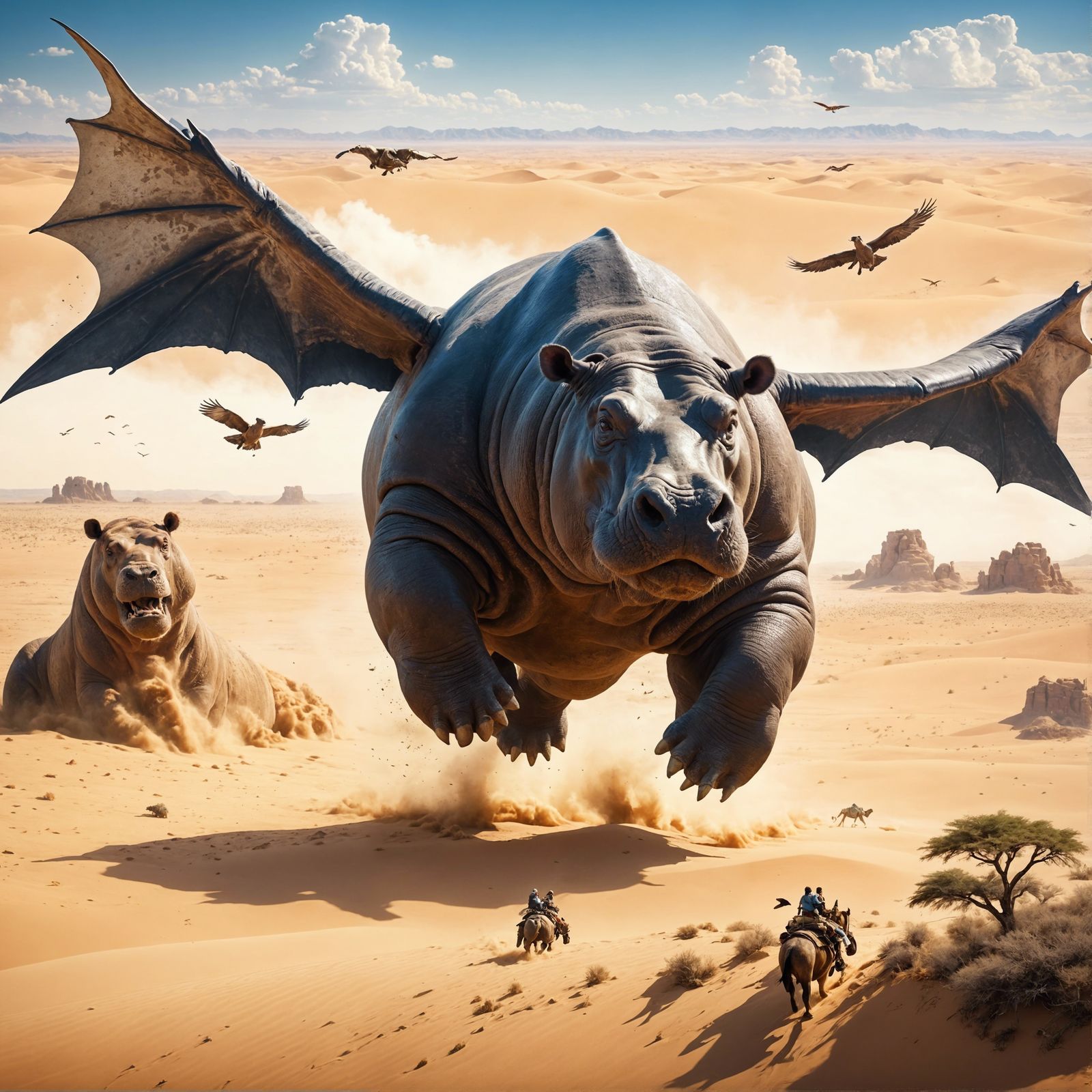 Winged Hippo Flies Over Desert: Ghibli Anime Visual