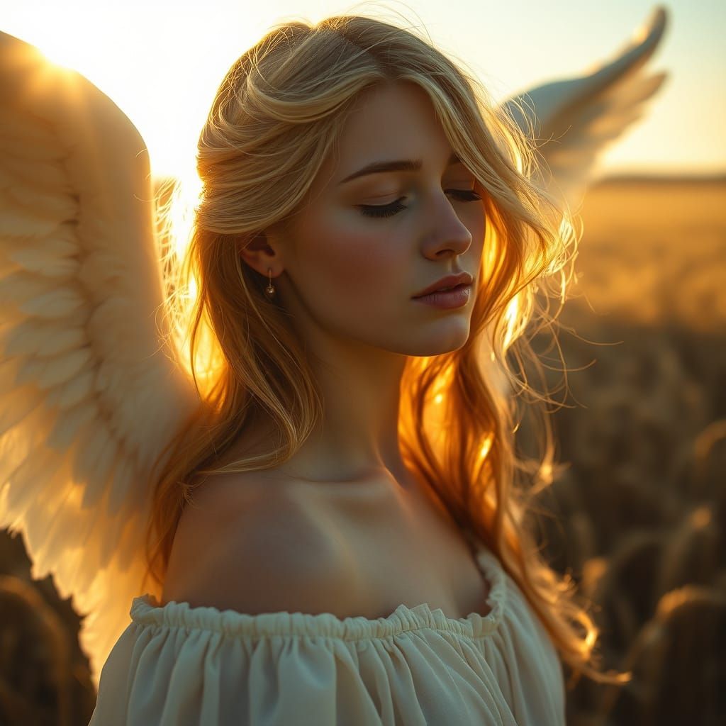 Angelic Figure in Golden Light Over Wheat Field