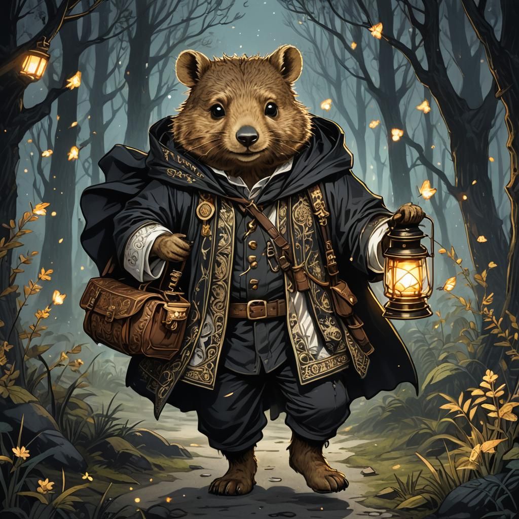 Quokka Wizard Hiking Through Dark Forest, Fantasy Illustrati...