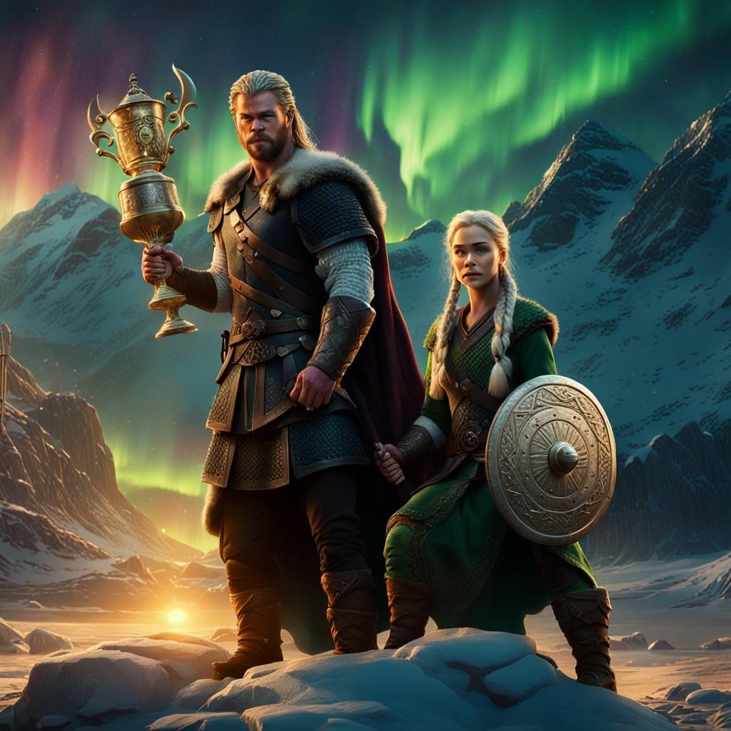 Vikings Celebrate Under Aurora Borealis: Digital Art