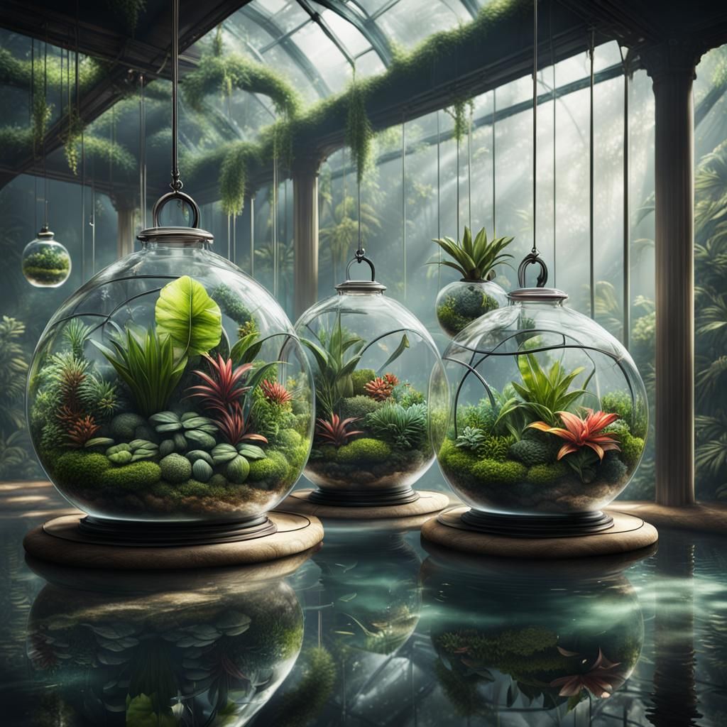Connected Terrariums with Tropical Plants, Digital Matte Pai...