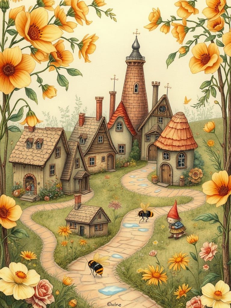 Quaint Village with Gnomes in Watercolor Style