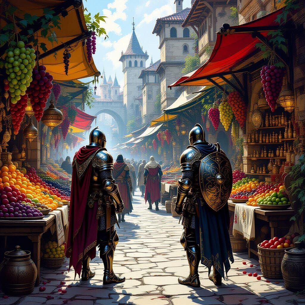 Knight Surveys Bustling Medieval Fantasy Marketplace