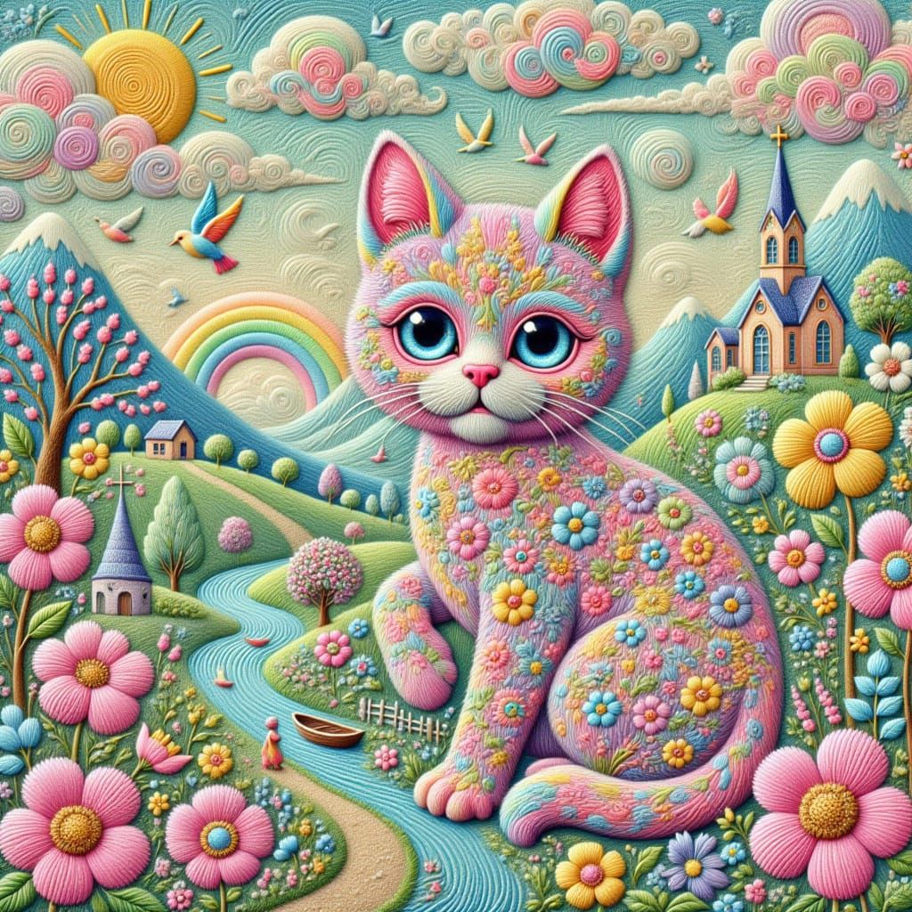 Embroidered Floral Cat in Velvet Fantasy Style