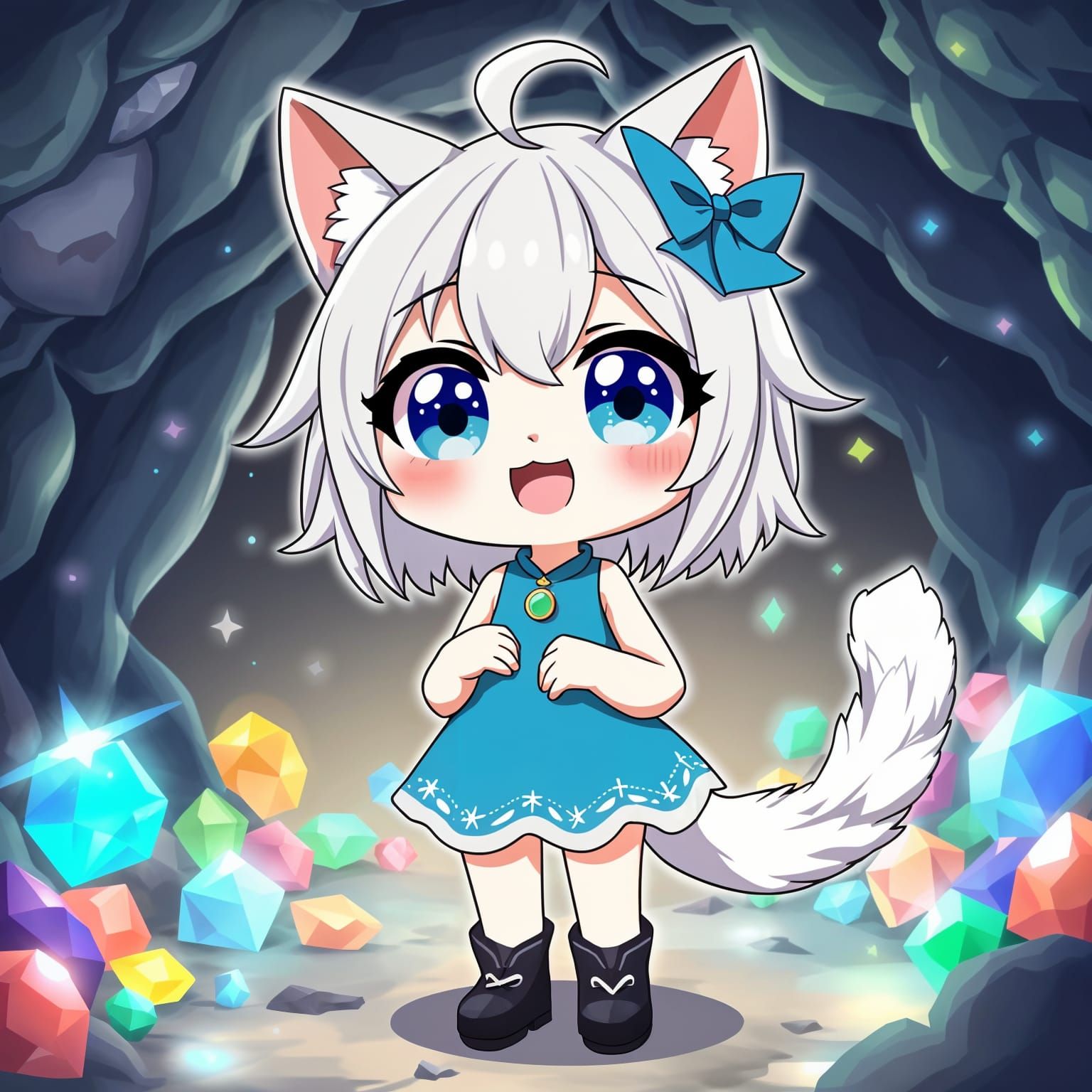 Cute Anime Catgirl in a Mystical Cave