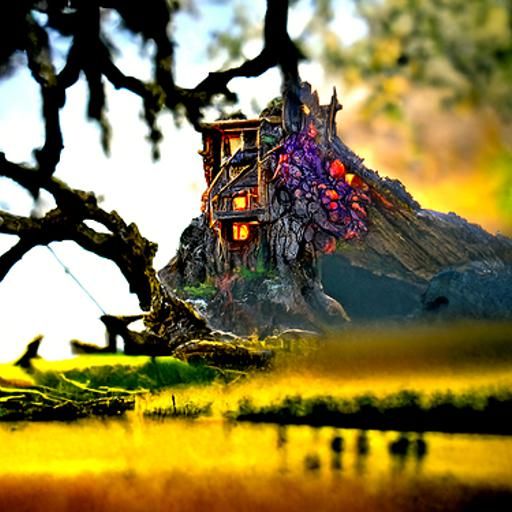 Treehouse in Giant Oak at Sunset: Fantasy Art