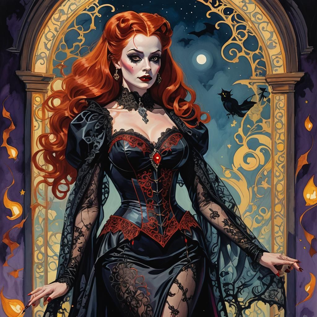 Retro Redhead Vampire in Gouache Pop Art