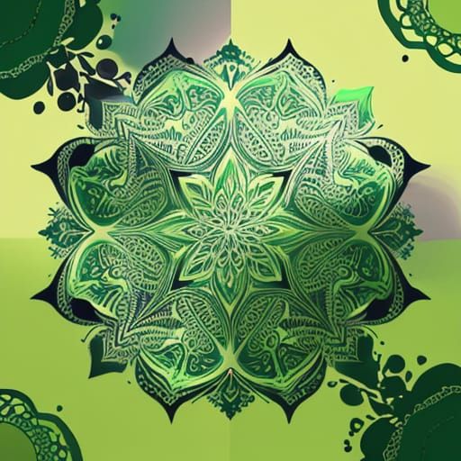 Abstract Green Square with Fractal and Zentangle Patterns