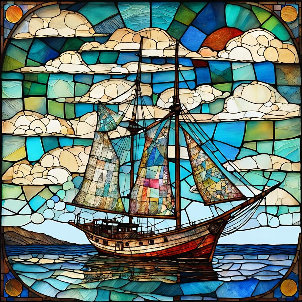 Very old Stained Glass Sailing-Ship.