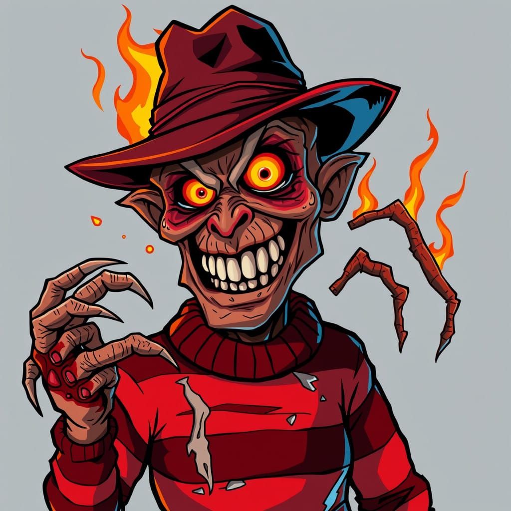 Burnt Cartoon Freddy Krueger in a Grotesque Demon Style
