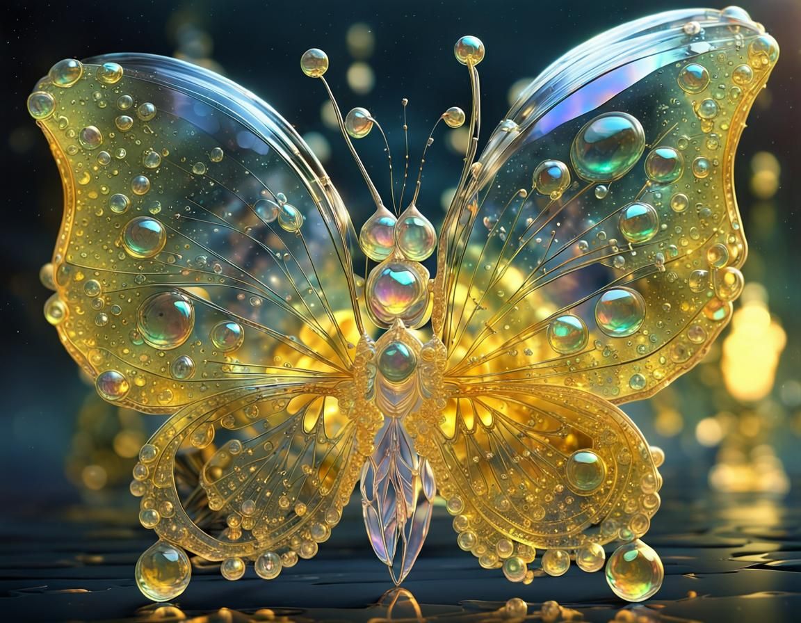 Crystal Butterfly with Dew Drops in Lush Greenhouse