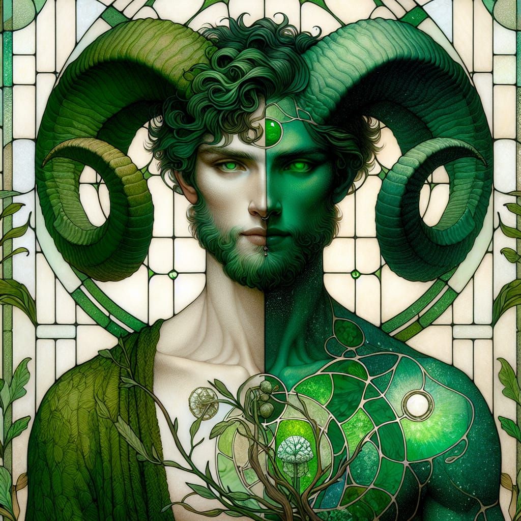 Art Nouveau Ram Druid in Forest Clearing