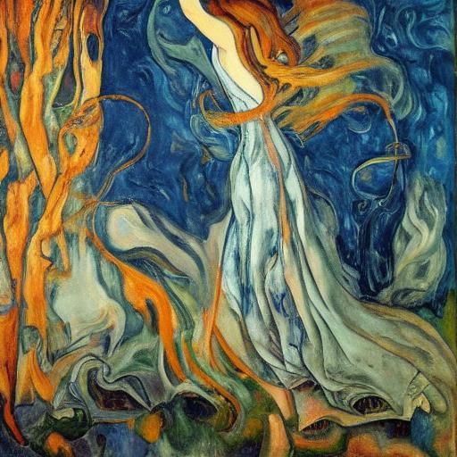 Expressionist Woman with Music Notes in Forest