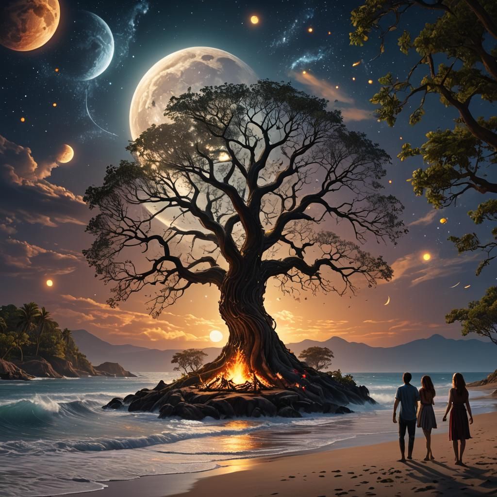 Enchanted Night World with Dancing Figures and Tree of Life