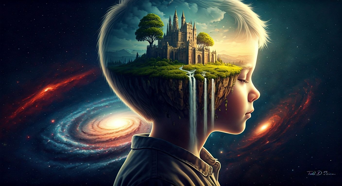 Surreal Painting of Floating Castle on Spaceship