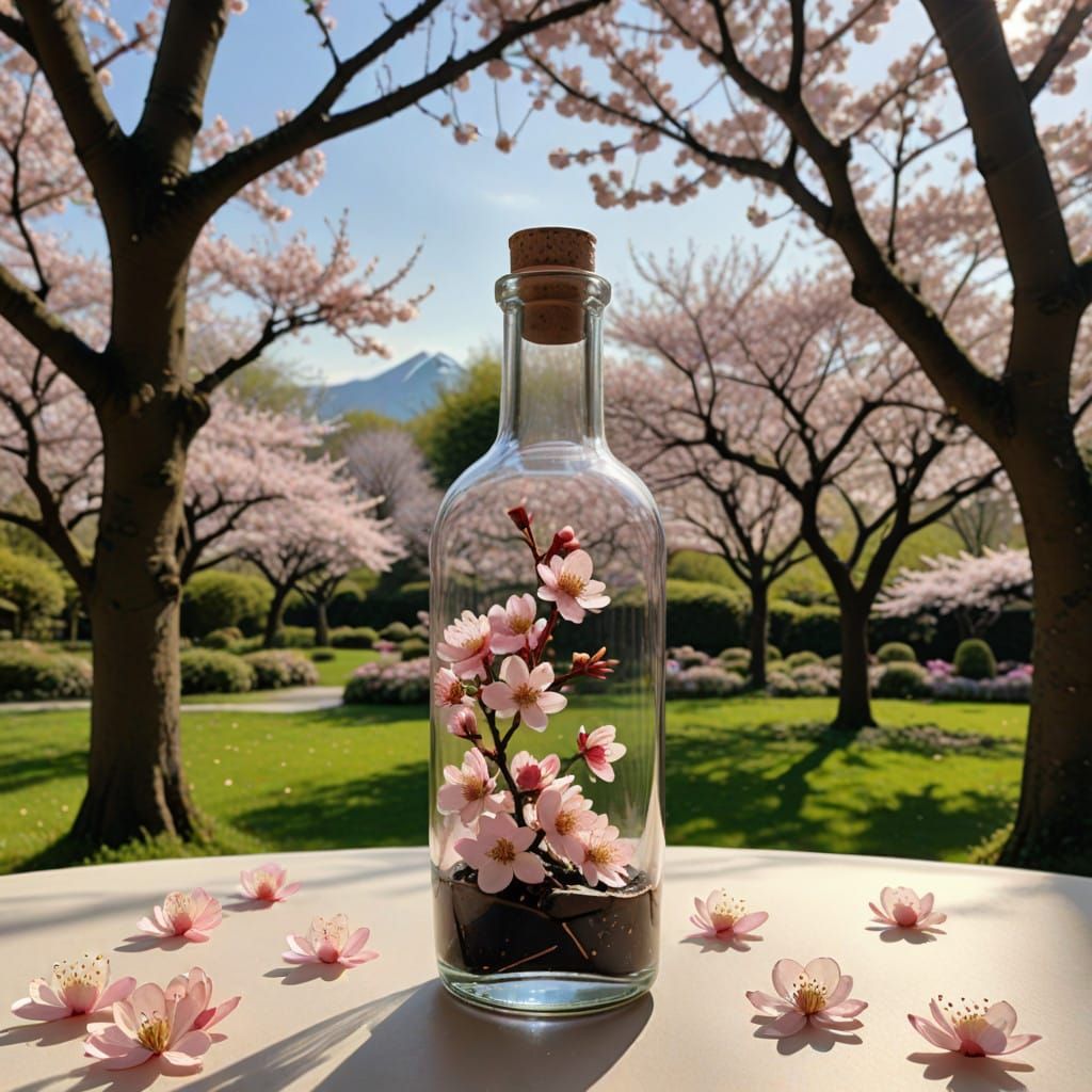 Glass Bottle Cherry Blossom Oasis in Serene Spring Setting
