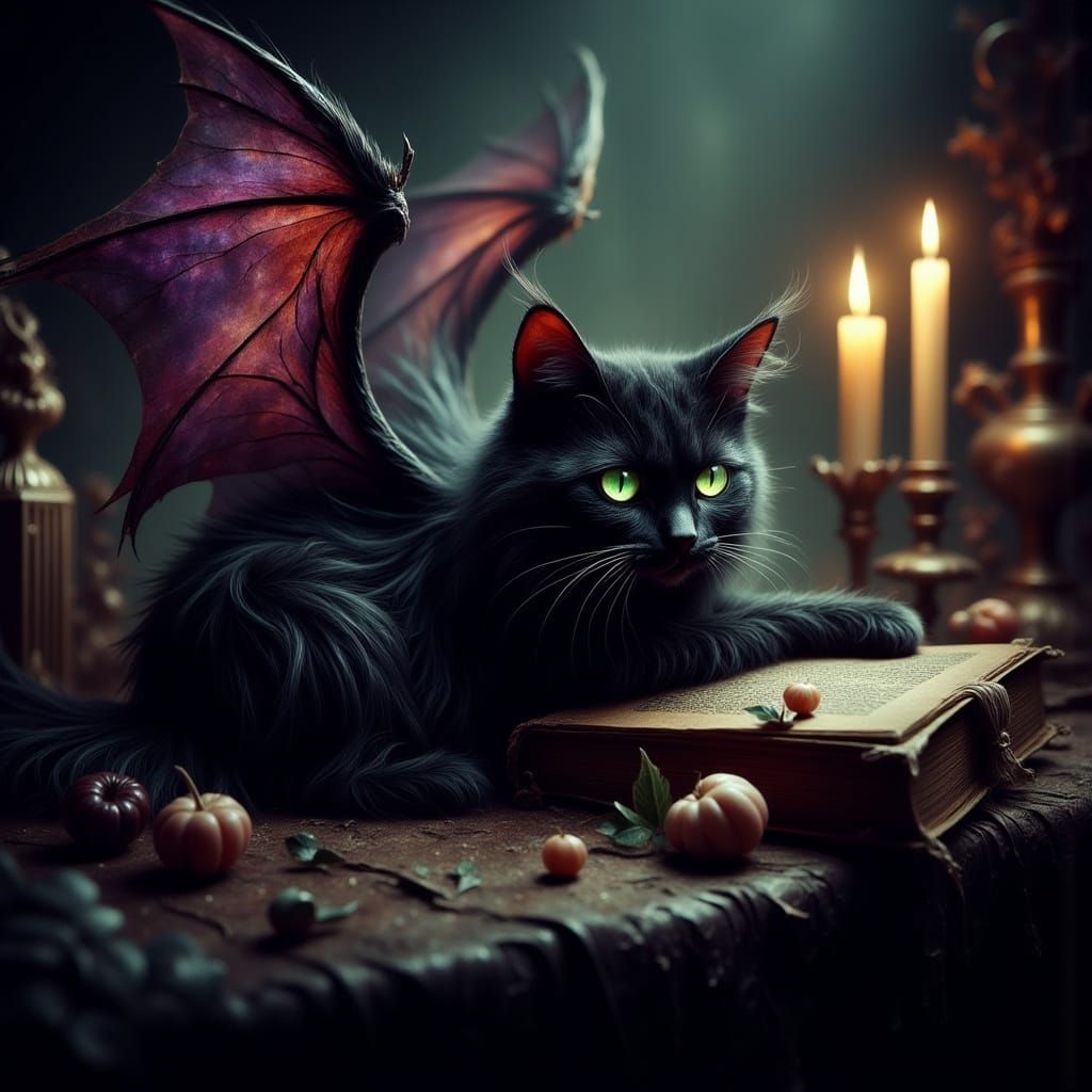 Majestic Black Cat with Iridescent Wings, Amidst Ancient Tom...