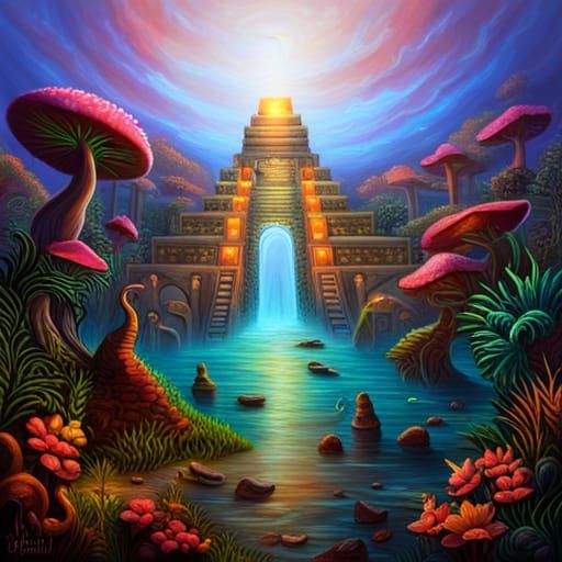 Mayan Temple in Overgrown Jungle, Hyperrealistic Painting