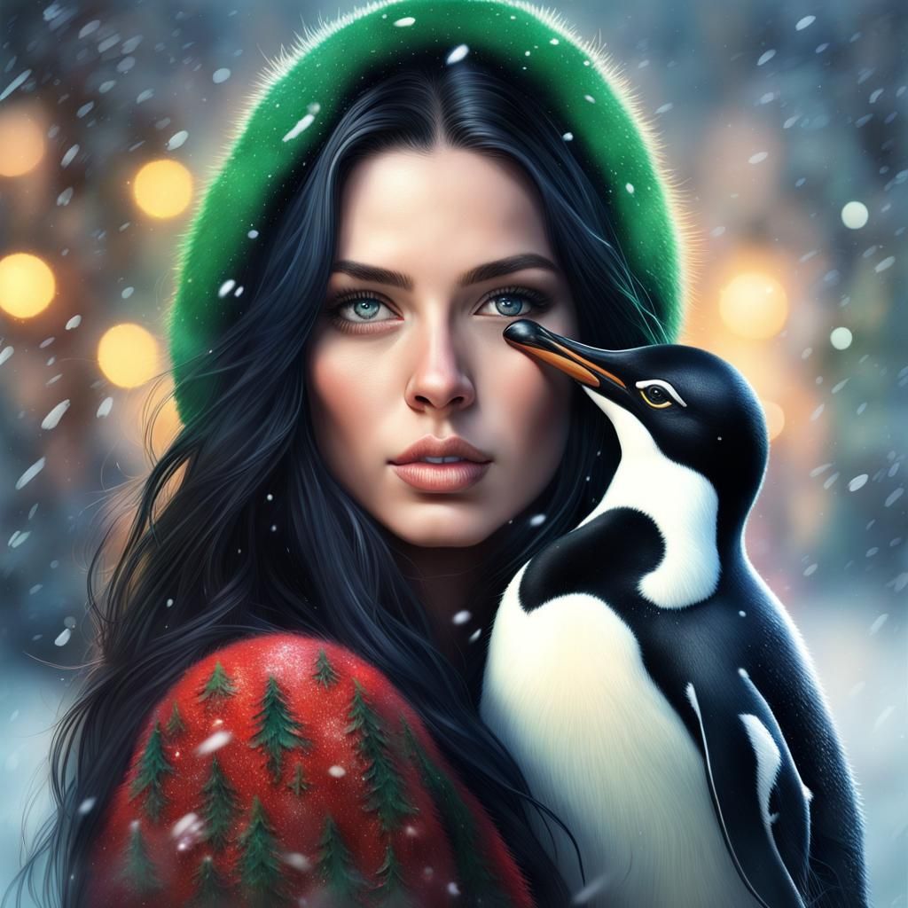 Magical Christmas Woman with Penguin in Hyperrealistic Style