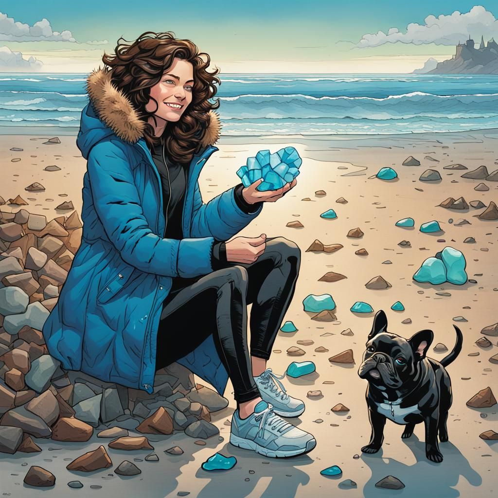 Happy Woman and Dog Collecting Sea Glass
