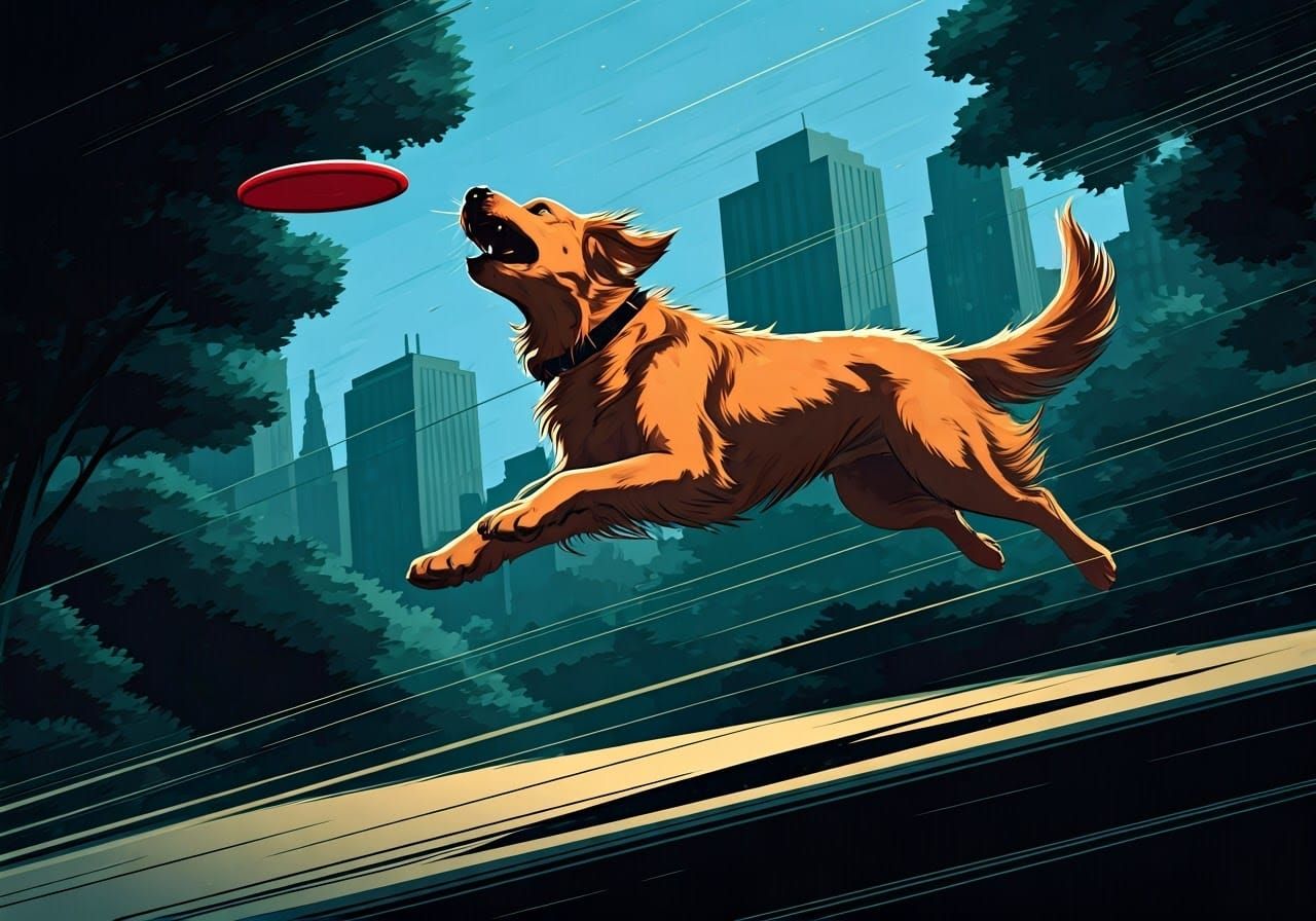 Golden Retriever Leaping to Catch a Red Frisbee in a Dynamic...